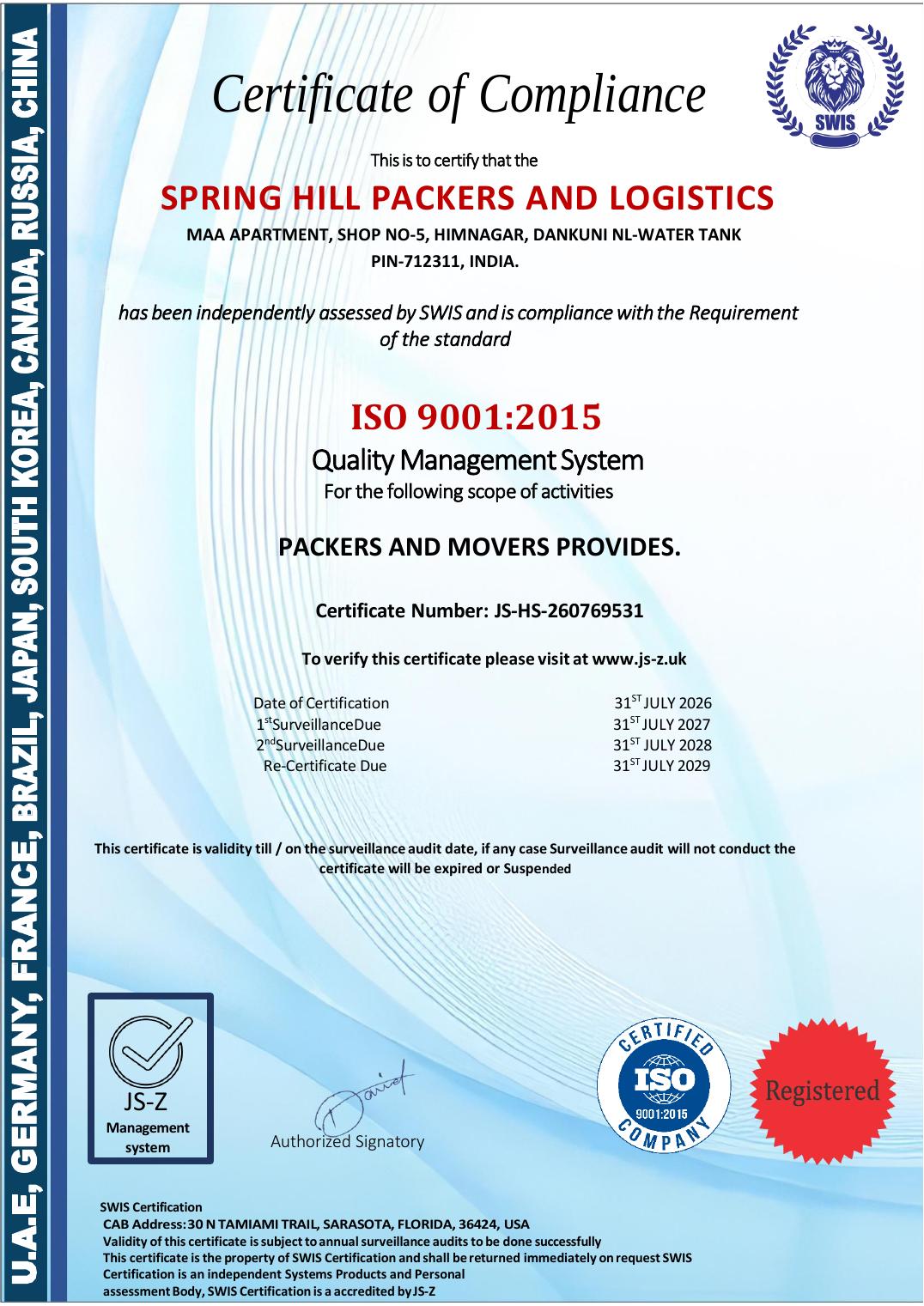 ISO 9001:2015 — Quality Management System certificate issued to Spring Hill Packers & Logistics